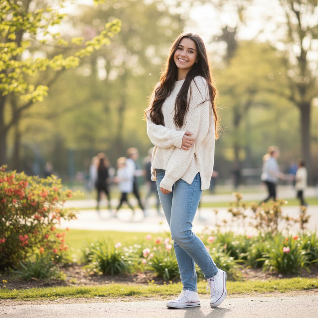 自然な笑顔を見せる若々しい女性のポートレート。背景には高校生活を想起させるぼやけた風景が広がる。