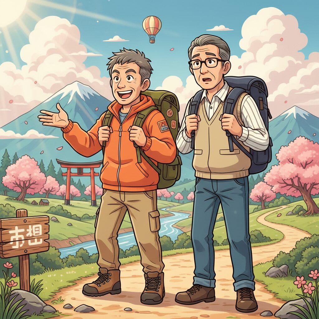 東野幸治と岡村隆史を彷彿とさせる二人の男性が旅先で楽しんでいるイラスト。背景には日本の美しい風景が描かれている。