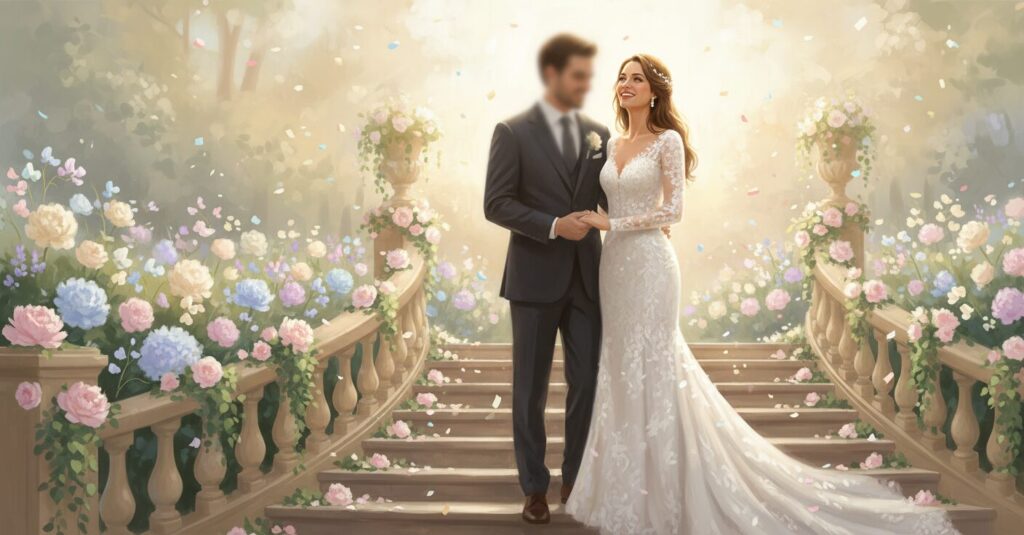 純白のウェディングドレスを着た吉田朱里さんと、顔を隠した夫が手をつないで微笑んでいる画像。