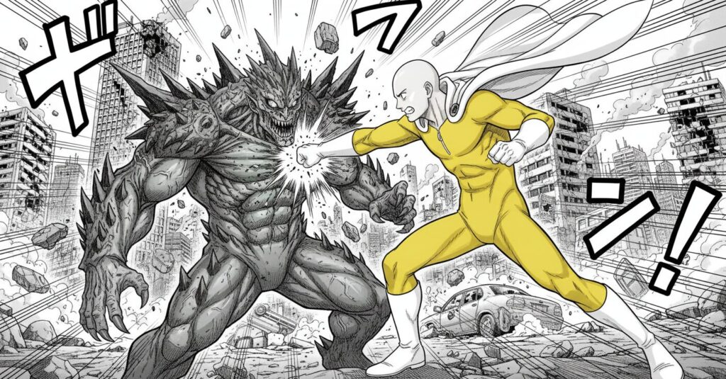 ワンパンマンのヒーローと怪人が激しく戦うシーンのイラスト