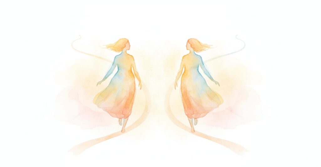 抽象的な二人の人物が別々の道を歩み始めるイラスト。事実婚解消を象徴し、希望と成長を感じさせる