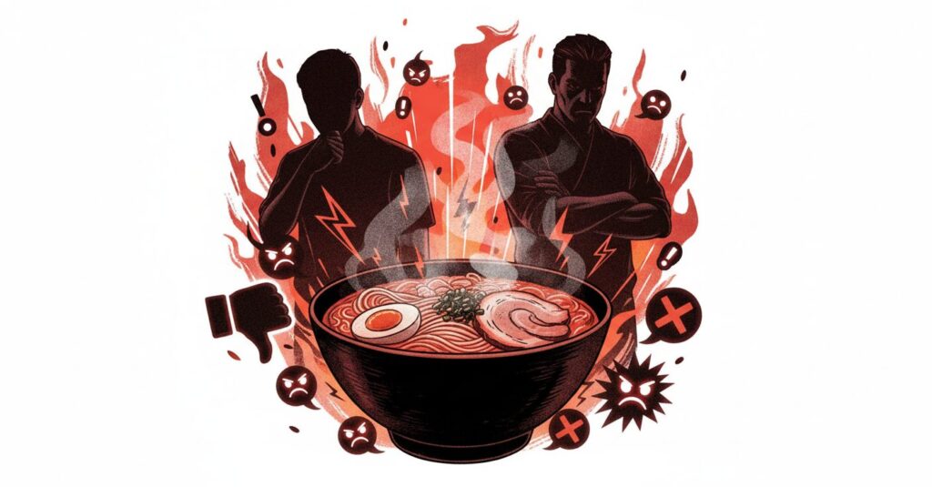 SNS炎上を背景に置かれた二郎系ラーメンの器