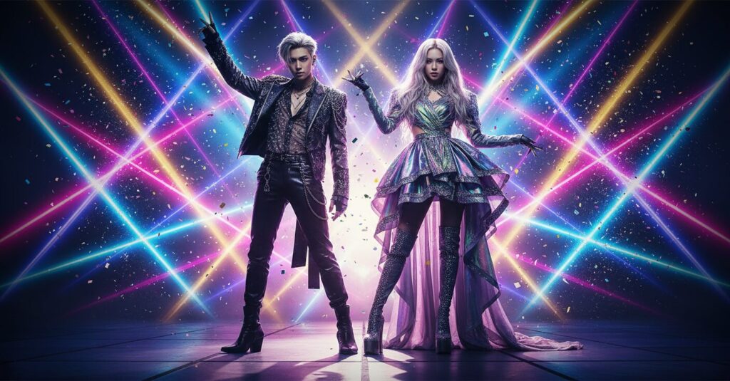 スポットライトを浴びて輝く、長身でスタイリッシュな男女のアイドルが並び立つステージのイメージ。二人のシルエットが際立ち、オーディエンスの熱気が伝わるようなエネルギッシュな雰囲気。