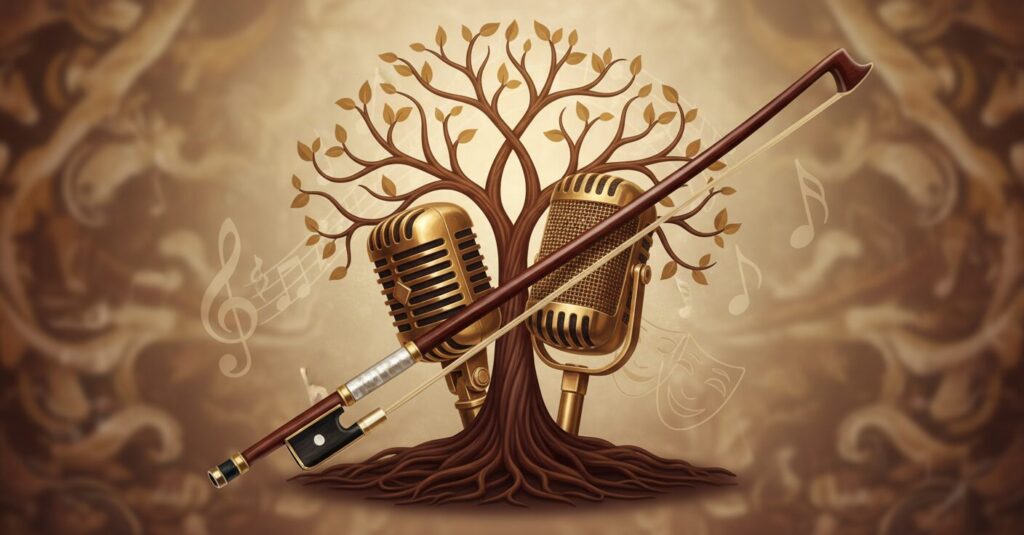 高嶋ちさ子さんの家系図と音楽、芸能界の繋がりを示す、ヴァイオリンの弓とマイク、抽象的な家系図の枝が描かれたイラスト