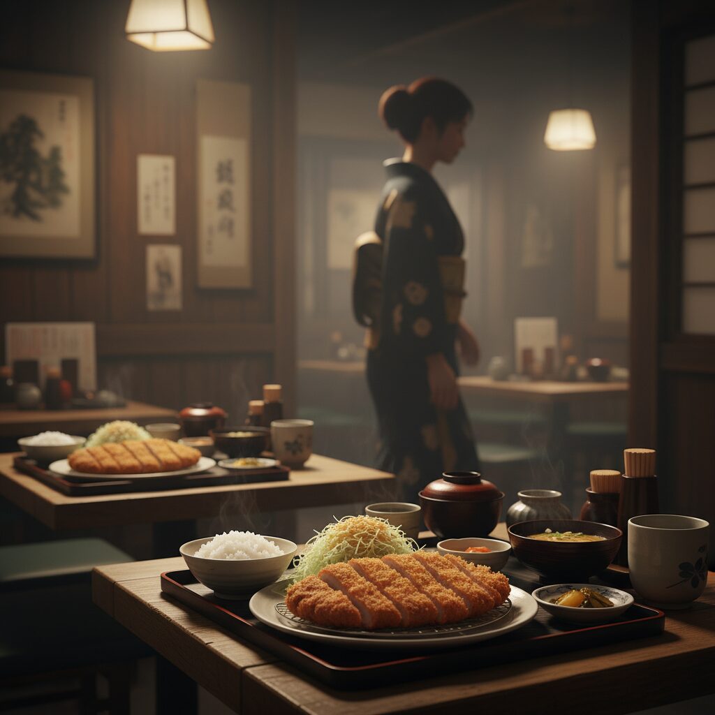 活気あるとんかつ店内で、家族経営の温かさを象徴する風景。若村麻由美さんの実家と関連付けられたイメージ。