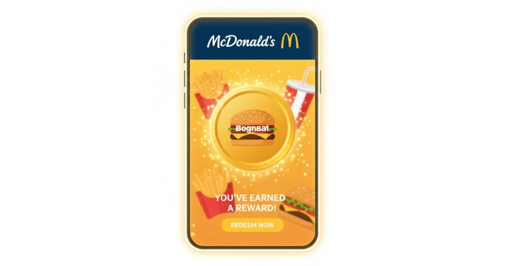 マクドナルドの新しいポイントプログラム「Myマクドナルドリワード」のロゴと、ポイント交換できるビッグマックやポテトのイラストが描かれたイメージ