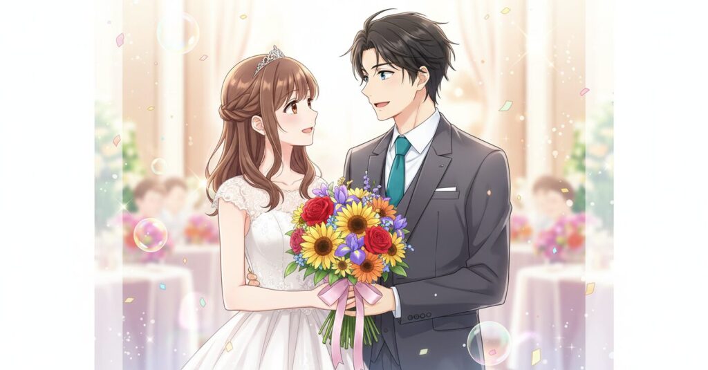 『ぶすに花束を。』の主人公・田端花と上野陽介が結婚式で幸せそうに微笑み合っているイラスト。花束が二人の間にある。