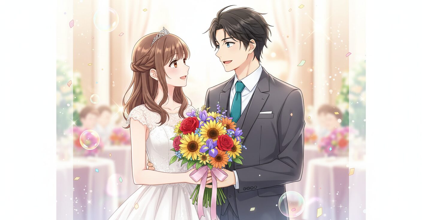 『ぶすに花束を。』の主人公・田端花と上野陽介が結婚式で幸せそうに微笑み合っているイラスト。花束が二人の間にある。
