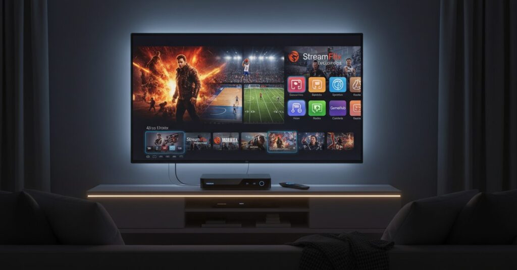 最新のスマートSTBと4Kテレビが表示されたリビングの様子