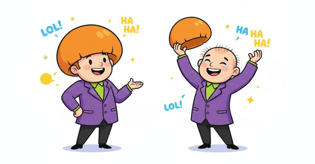 マッシュルームカットのカツラを持つサツマカワRPGのようなキャラクターが、地毛の薄毛をユーモラスに披露している画像