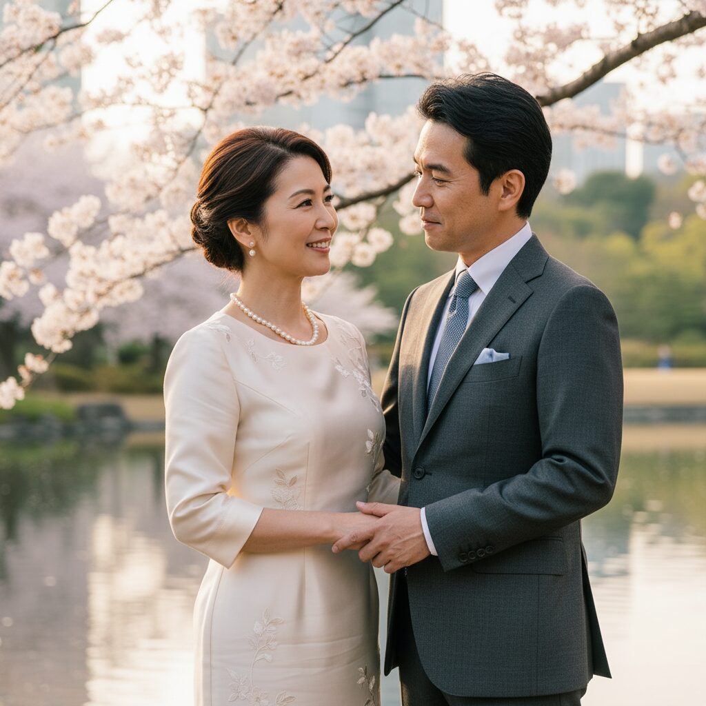 年齢差カップルの代表、鈴木京香さんと長谷川博己さんを思わせる、落ち着いた雰囲気の男女が寄り添うイメージ。