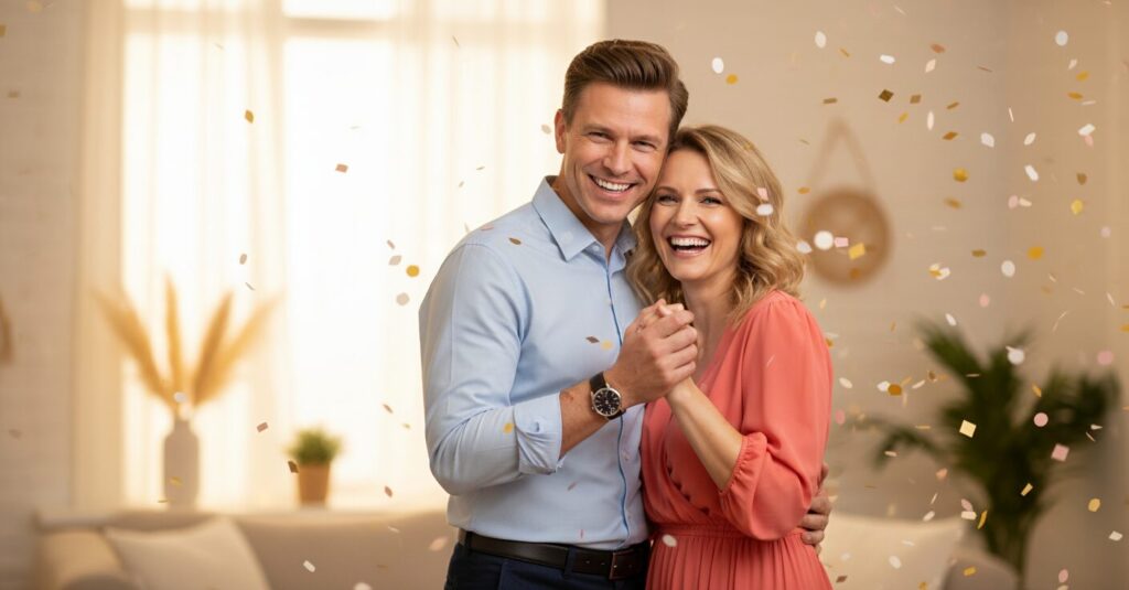 笑顔で寄り添う大家志津香さんと岩田玲さん夫妻が描かれたイラスト