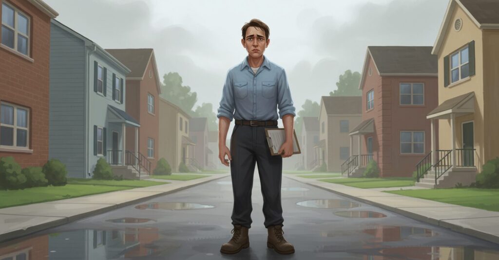 雨の中、疲れた表情で訪問する国勢調査員