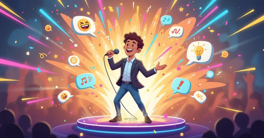 マイクを持つ人物と輝くステージ、河合郁人さんのMCスキルと学歴の意外性を表現したイラスト