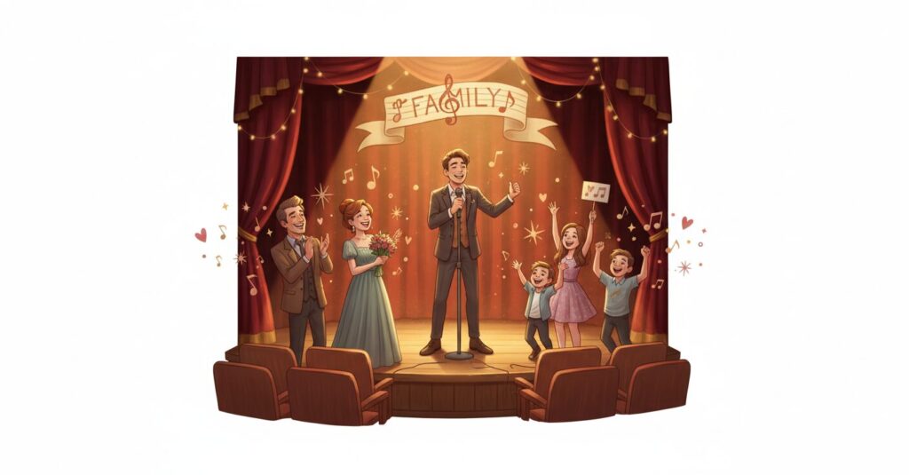 新浜レオンさんの家族（両親、姉、弟）がステージ上の彼を笑顔で応援しているイラスト。温かい家族の絆と音楽への情熱が伝わる。