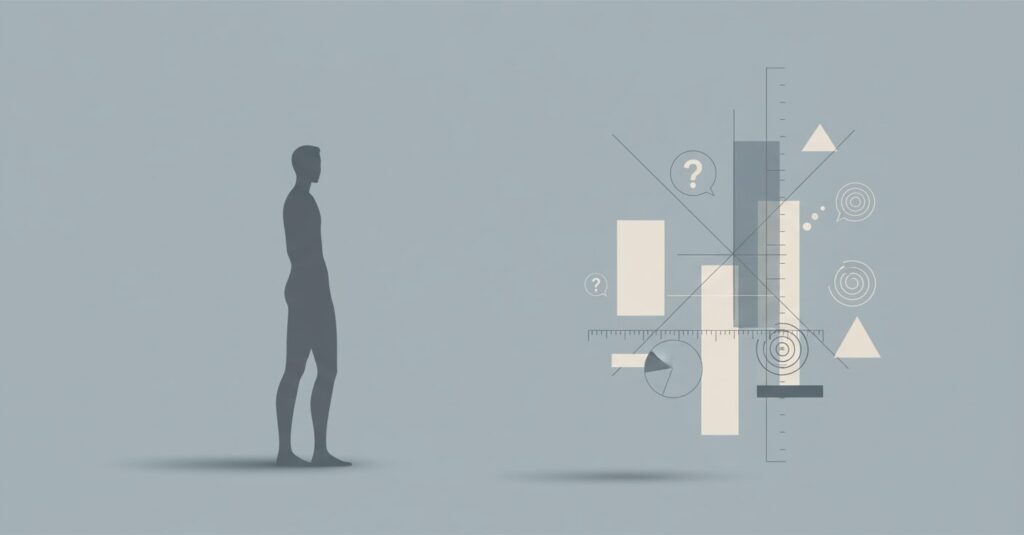 男性の身長とプロポーション、知覚のずれを示す抽象的なアートワーク。