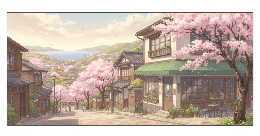 「薫る花は凛と咲く」の聖地として有名な自由が丘のカフェや、七里ヶ浜を思わせる海辺の風景が描かれたイラスト。