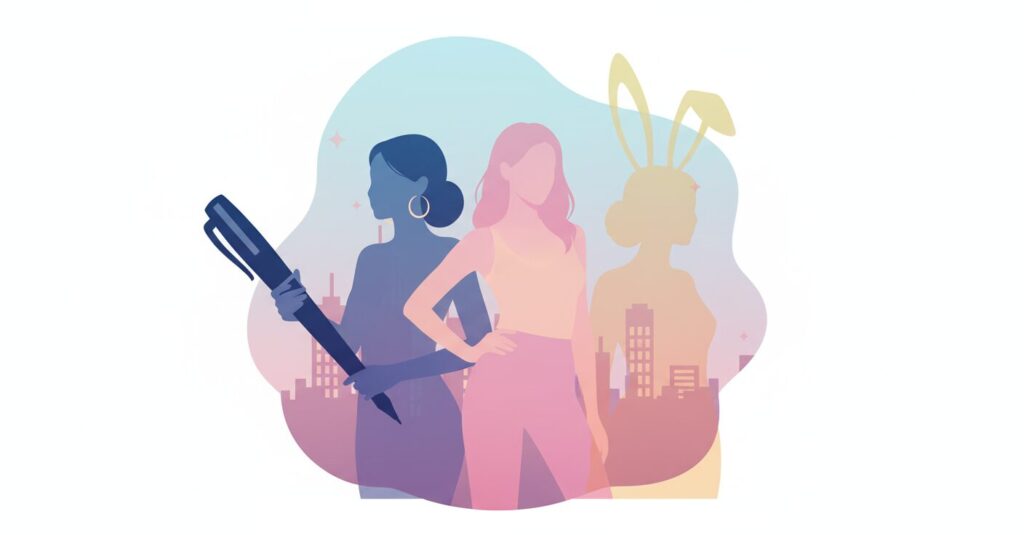 文筆家、モデル、バニーガールとして多様な活動をする女性の抽象的なイラスト