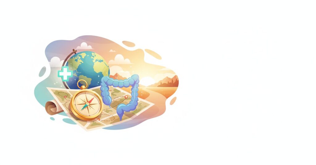 歩りえこさんの大腸がん公表を受け、希望と健康意識を象徴する、旅と医療の要素を組み合わせたイラスト。
