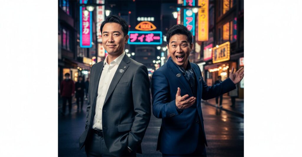 バッテリィズのエースと令和ロマンの松井ケムリが探偵！ナイトスクープの新探偵として写っている、夜の街を背景にしたスタイリッシュなポスター風の画像。