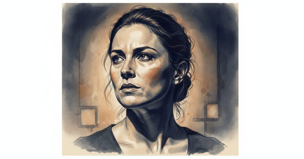 舞台上で役になりきり、強い眼差しを見せる女優の抽象的なポートレート。役作りのプロ意識を象徴するイメージ。