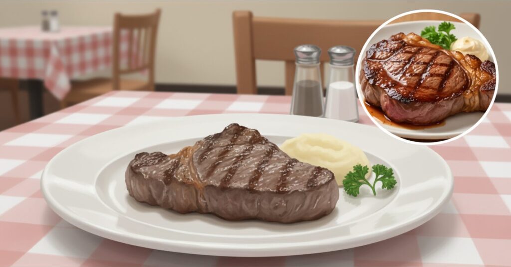 ガストの100gステーキ、広告写真と実際の提供品を比較したイメージ画像