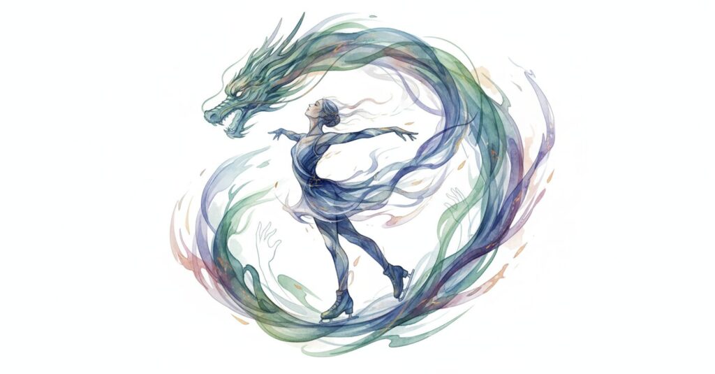 フィギュアスケートの優雅な動きと、シェンロンのような神秘的なエネルギーが融合した抽象的なアートワーク。