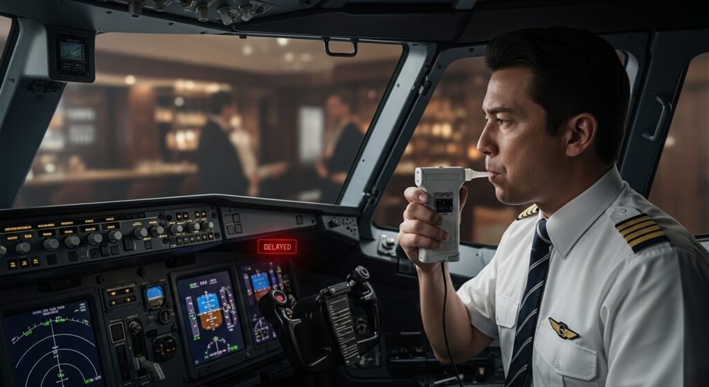 JAL機のコックピット内で、パイロットが飲酒検知器を前に深刻な表情を浮かべている状況。背景には、ぼやけたホテルバーの光景が見え、JAL機長の飲酒問題とそれに伴う記録改ざんが航空安全に与える影響を象徴的に表現しています。安全文化が揺らぐ航空界のリアルな側面を描写し、視覚障害を持つユーザーにも状況を正確に伝えます。