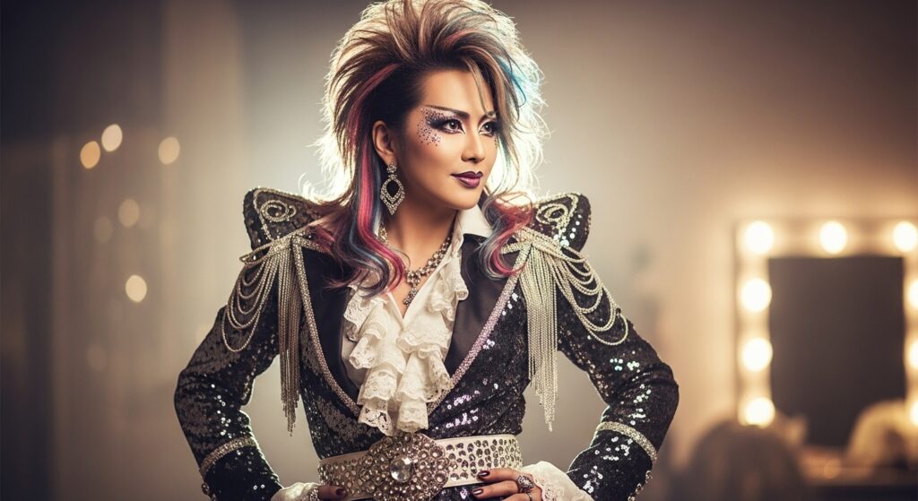 エレガントな衣装をまとった日本のグラムロックミュージシャン、ROLLY（ローリー）の華やかなポートレート。温かいトーンとロマンチックな雰囲気が、彼の61歳での結婚発表という喜ばしい出来事を象徴しています。お祝いムードと芸術的な表現が融合した一枚。