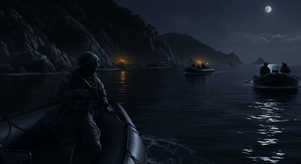 暗い海を静かに進むUS Navy SEALsの隊員たちが北朝鮮沿岸へ潜入する夜間作戦のイラスト。小型ボートの影と戦術装備を身につけた兵士たちの姿が描かれ、緊張感と不穏な雰囲気が漂う。特殊部隊による秘密の海軍作戦の様子を詳細に表現。