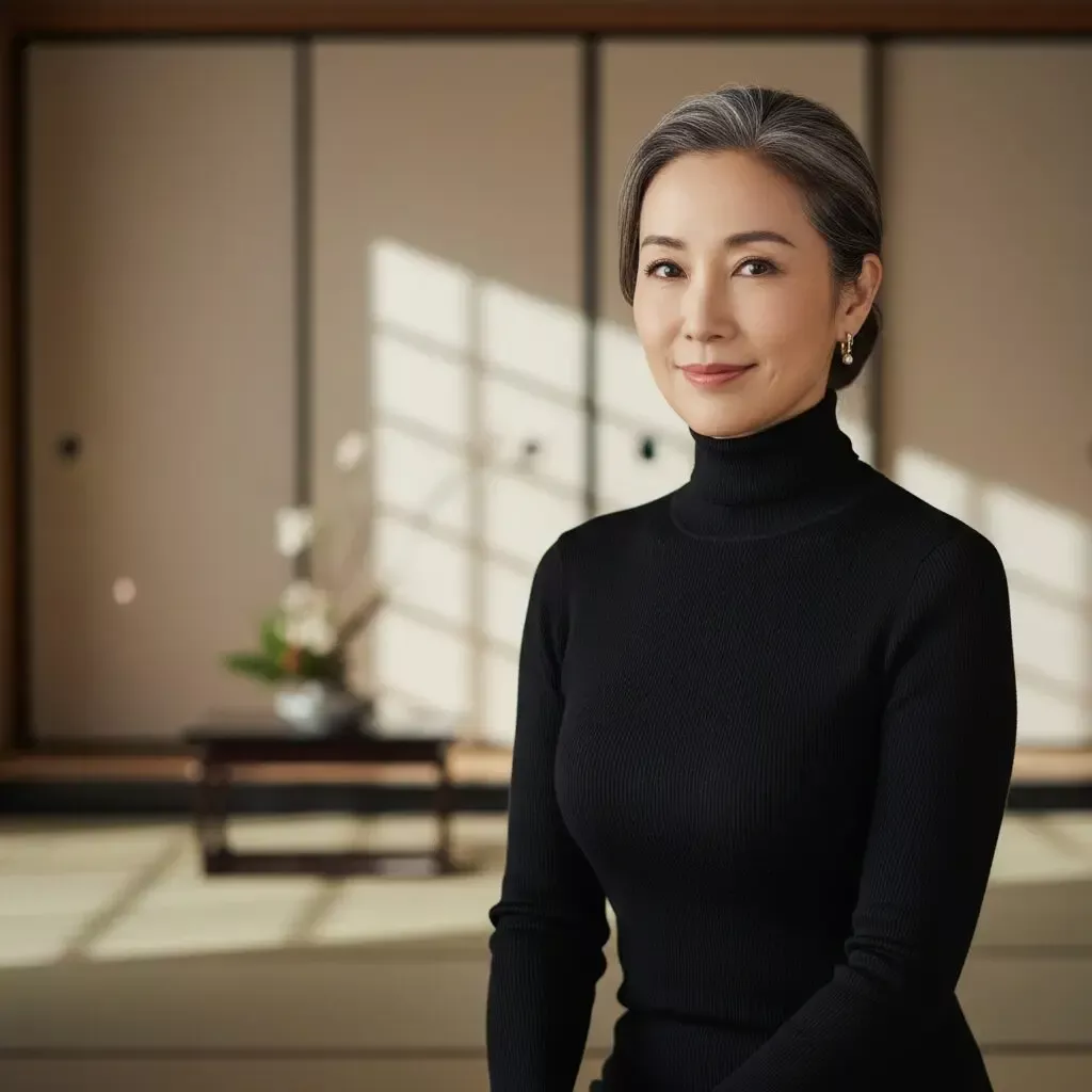 洗練された美しさを持つ中高年女性のポートレート。秋元梢の母親、秋元久美子さんのイメージ。エレガントな黒髪と穏やかな表情で、品格と家族の温かさを表現している。