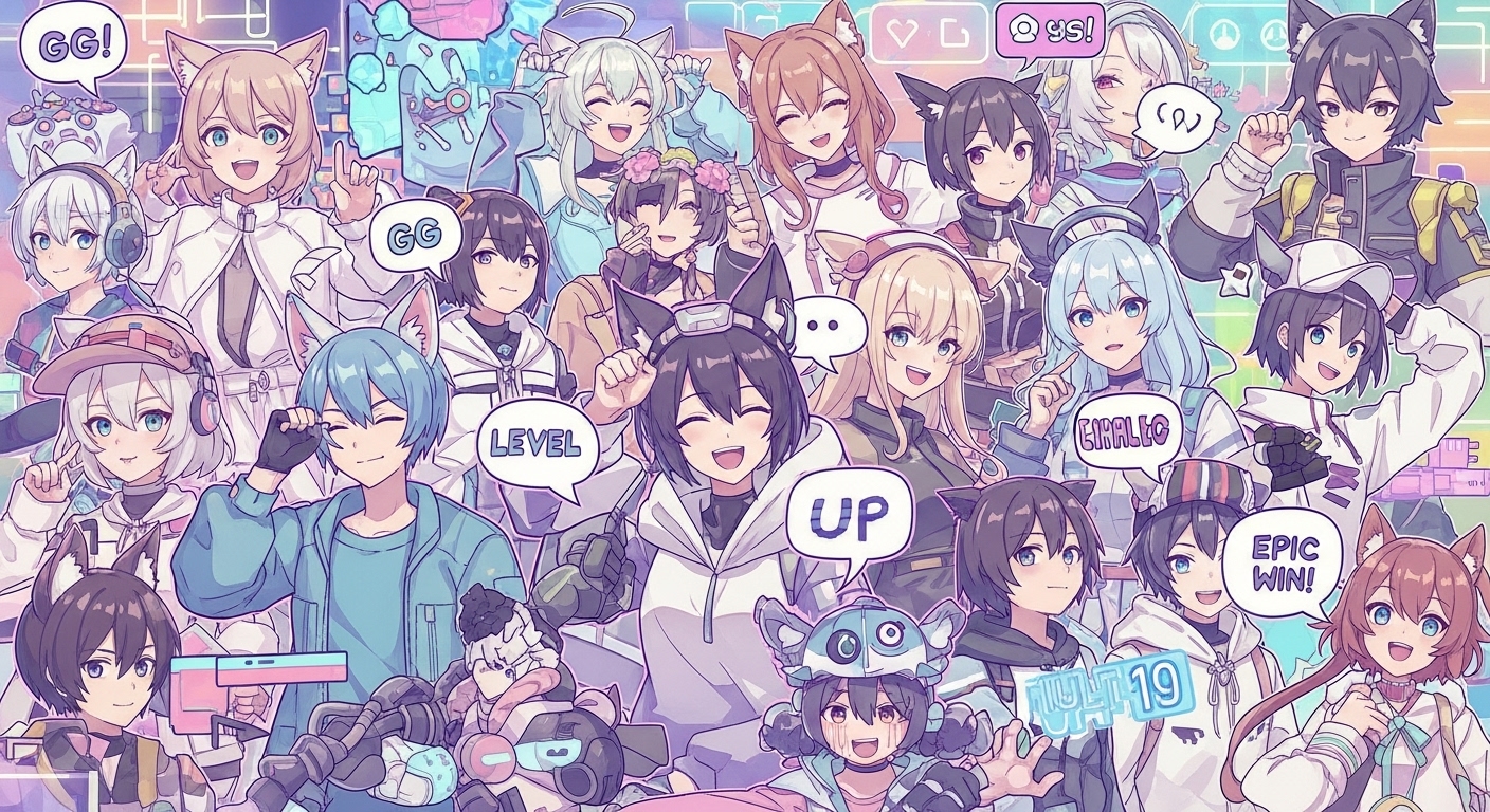 活気に満ちた人気VTuberたちがエネルギッシュなポーズで集合したコラージュ画像。パステルとネオンカラーが織りなすダイナミックで遊び心のある雰囲気の中で、グループゲームを楽しむ様子を表現しています。「にじさんじバスターズ」のコラボ配信の魅力を視覚的に伝える、16:9比率の鮮やかなアニメーションスタイル。