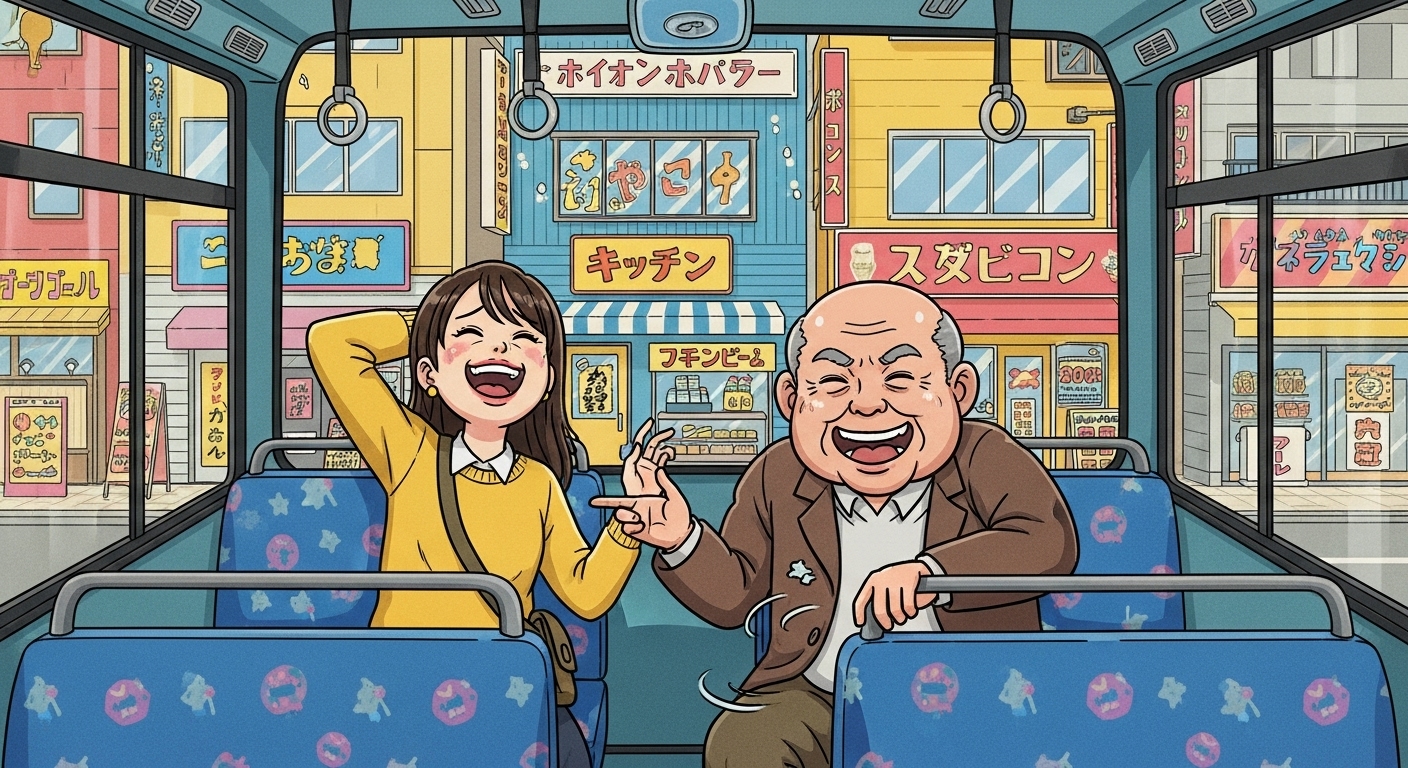 大阪のカラフルな市バスに乗る若い女性と年配の男性が、満面の笑みで大声で爆笑しているコミカルなシーン。35歳差の恋を連想させるような年齢差の二人が、身振り手振りを交えながら楽しげに会話しています。背景には賑やかな大阪の街並みや個性的な店舗が描かれ、ユーモラスで陽気な雰囲気を醸し出しています。漫画風の明るいタッチで、ブログ記事『小野花梨が「大奥」で熱演した35歳差の恋！』の内容を想起させるような、朗らかな一枚です。