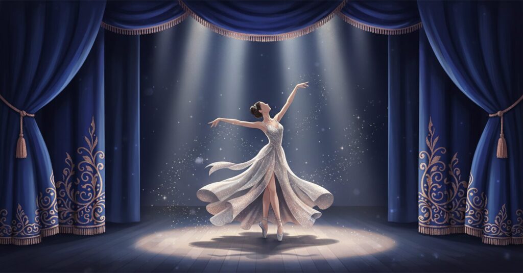 宝塚歌劇団の舞台でスポットライトを浴びて踊る優雅な女性のシルエット。夢のような雰囲気で、トップ娘役の華やかさと実力を象徴する