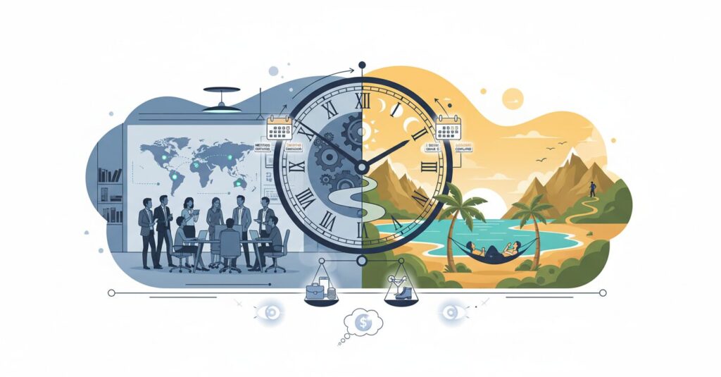 JICA職員の休暇と仕事のバランスを象徴するイラスト。世界地図とリラックスする人々が描かれ、報道の背景と現代のワークライフバランスを表現。