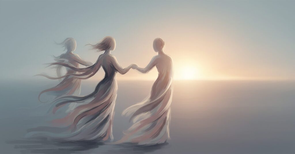 新たな道を歩む二人の象徴的な抽象画