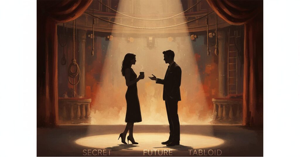 舞台で向かい合う男女のシルエット。長年の交際が噂される女優とアイドルの関係を象徴するロマンチックな雰囲気。