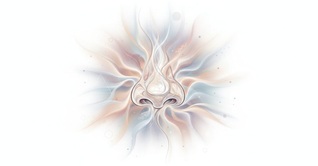 鼻のシルエットが繊細に描かれ、変化と美意識を象徴する抽象的なアートワーク