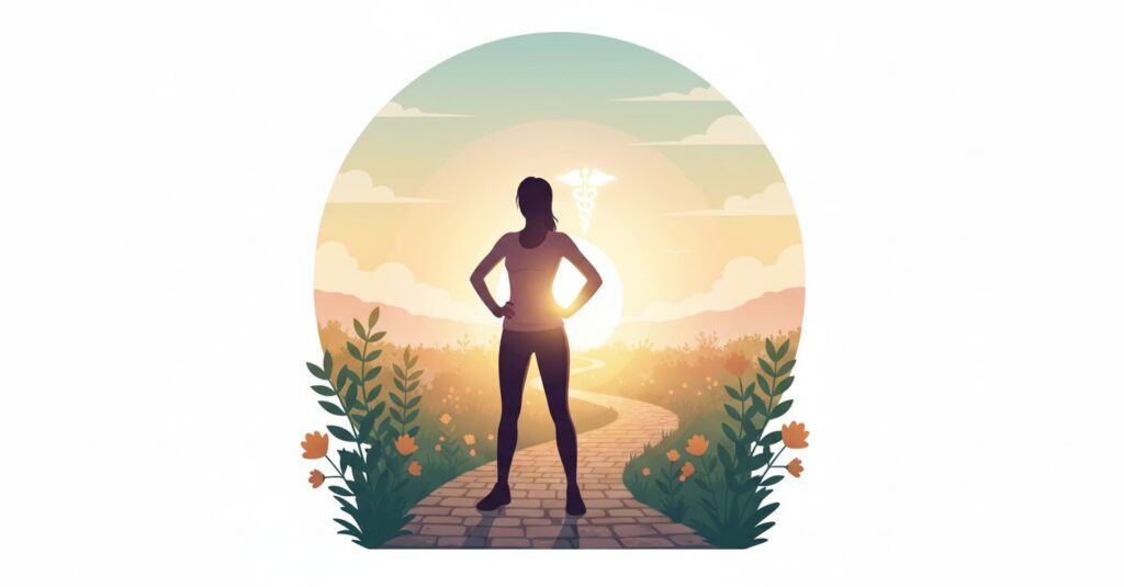 光が差し込む道のシルエットを歩く女性の後ろ姿、健康と回復を象徴する