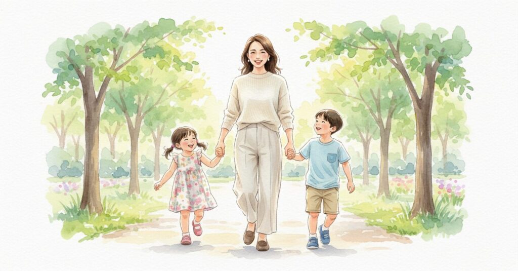 押切もえさんとプロ野球選手の夫、涌井秀章さん、そして2人のお子さんが笑顔で過ごす温かい家族のイラスト