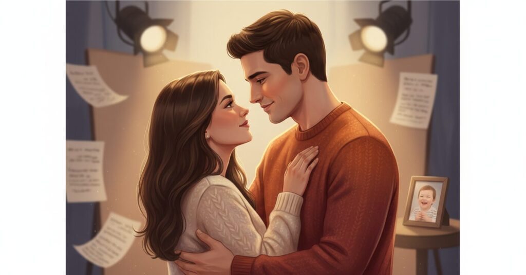 ドラマ共演をきっかけに結ばれた夫婦の温かいイラスト、愛情と家族の絆が感じられる構図