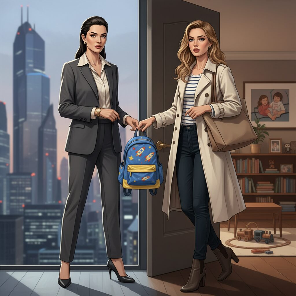 対照的な二人の女性が子供の学用品を交換する様子を描いたイラスト。ドラマ「フェイクマミー」のテーマである母親なりすましと禁断の契約を暗示している。