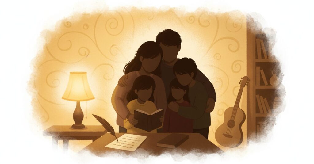 森香澄の家族構成をイメージした暖かなイラスト。放送作家の父、美人姉妹の絆を象徴。