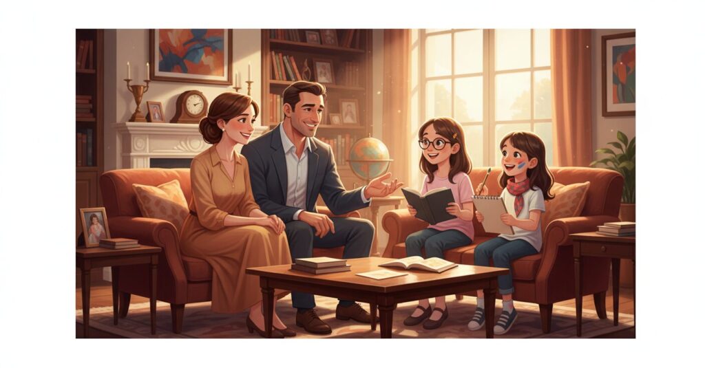 笑顔で会話する生田絵梨花さんとその家族のイラスト、父親はエリートビジネスマン風