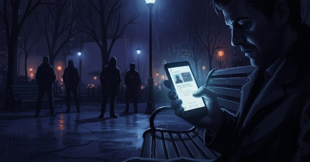 SNSのロゴやスマートフォンを背景に、巧妙な罠や危険が潜んでいることを示す抽象的なイメージ。現代の美人局事件におけるオンラインの脅威を象徴。