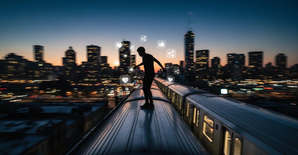 走行中の地下鉄車両の屋根に乗る若者たち