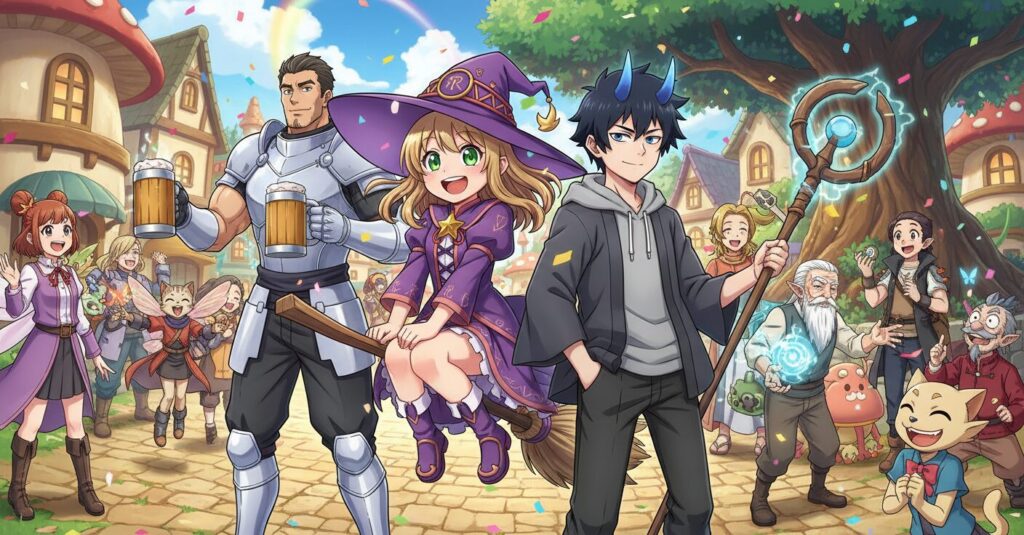 TVアニメ『ウィッチウォッチ』第2期制作決定を祝う記念ビジュアルで、主人公のニコと守仁を中心に多くのキャラクターが笑顔で集まっている様子。