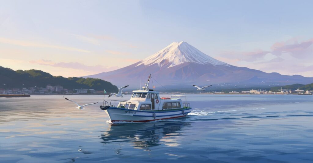雄大な富士山を背景に、沼津港を巡る遊覧船と飛ぶカモメ