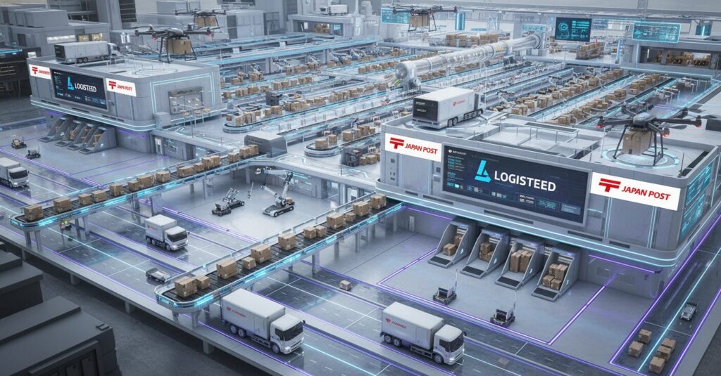 日本郵便とロジスティードが協力し、物流ネットワークを繋ぐイメージ
