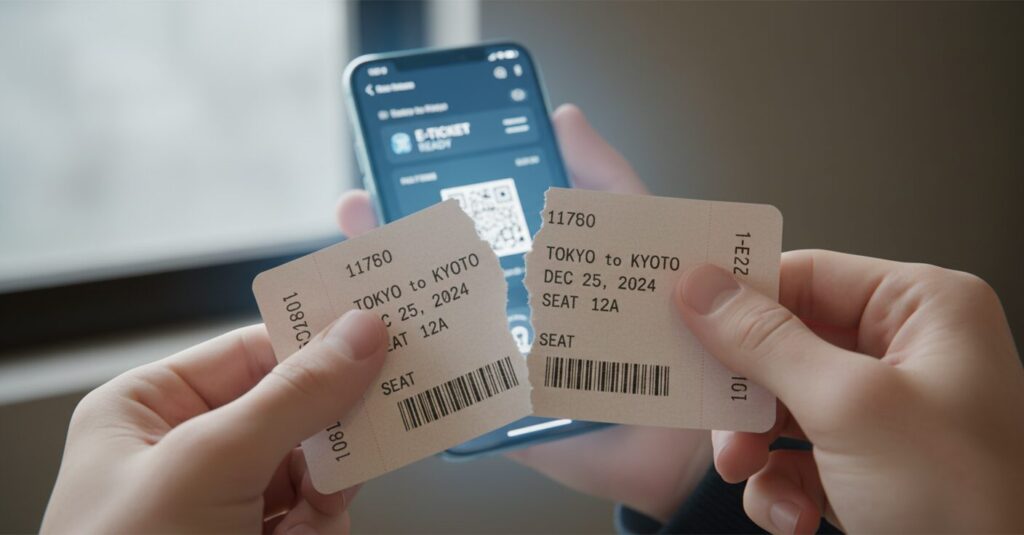 JR往復割引と乗車券の廃止を告げるカレンダーの日付と交通系ICカード、新幹線のイメージ